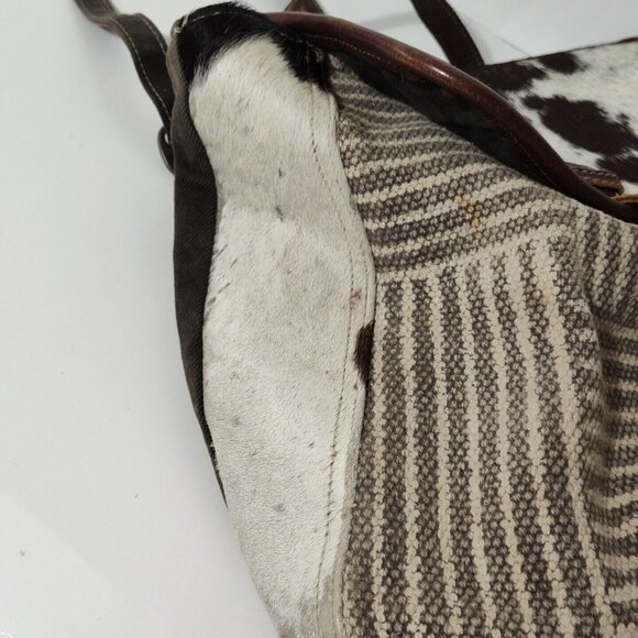 Myra Bag Brown Canvas Flap Messenger Backpack Cow Print Western Woven - Picture 5 of 16